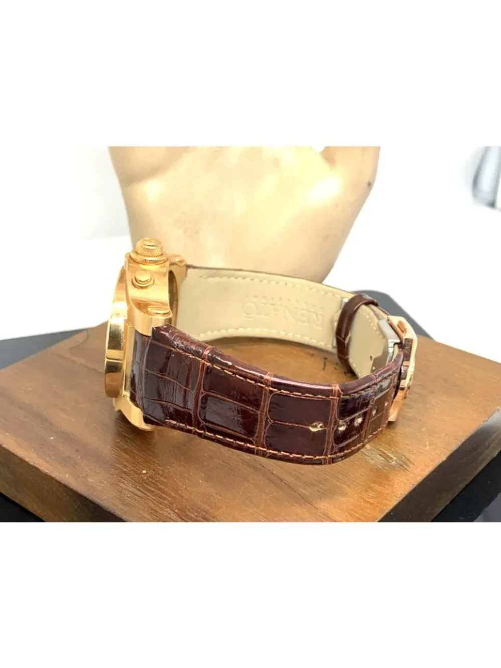 Renato Men's Watch Swiss Quartz Chronograph Rose Gold Steel Brown Leather 45mm